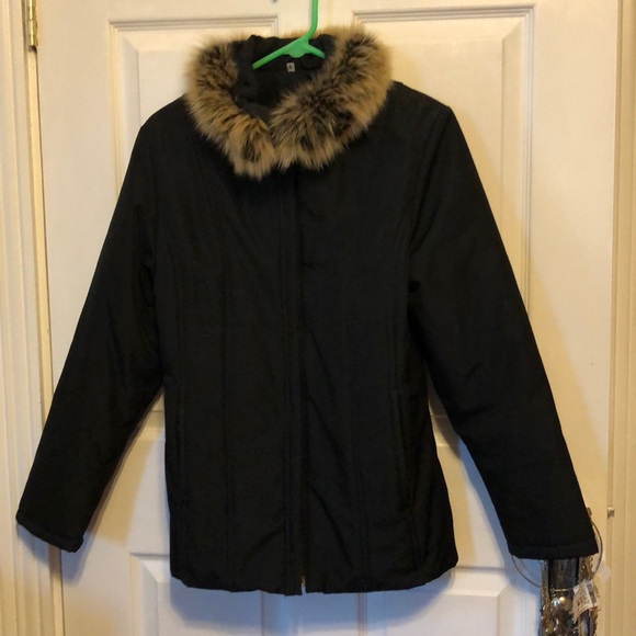 Black puffer jacket with fur coat S/M - Picture 2 of 5
